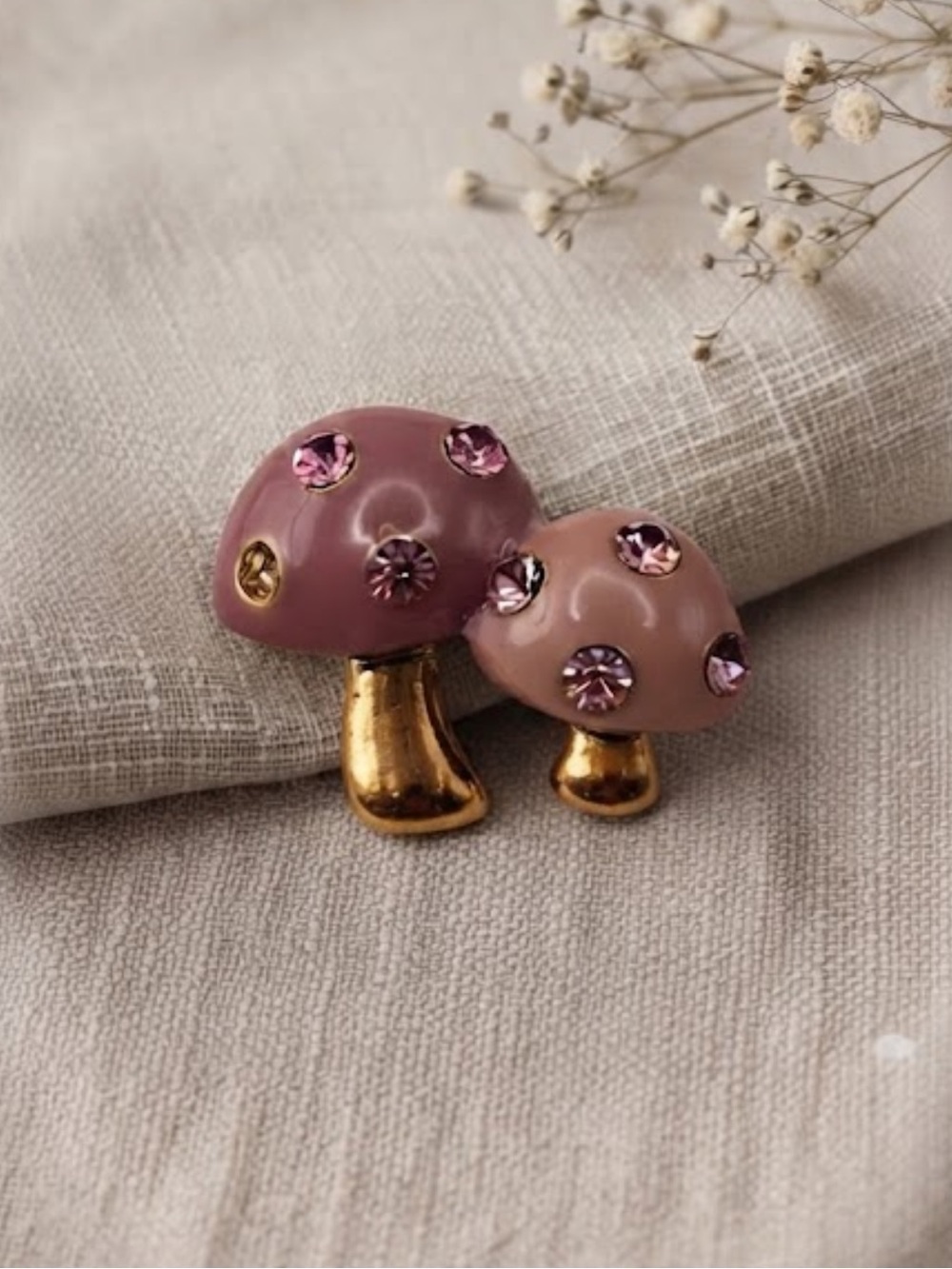 Vintage Pink Enamel & Rhinestone Mushroom Brooch